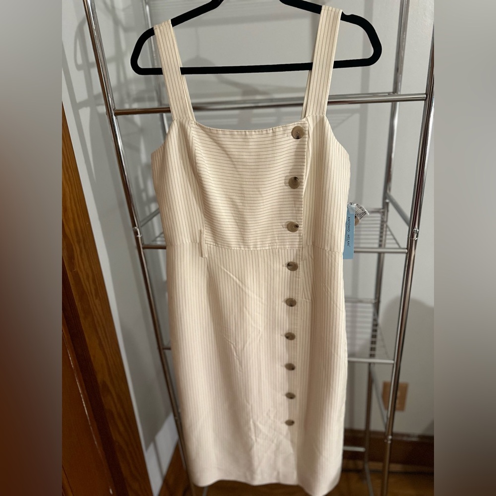 Antonio Melani Ivory Button Down Midi Dress with Gold Pinstripes | Size 10